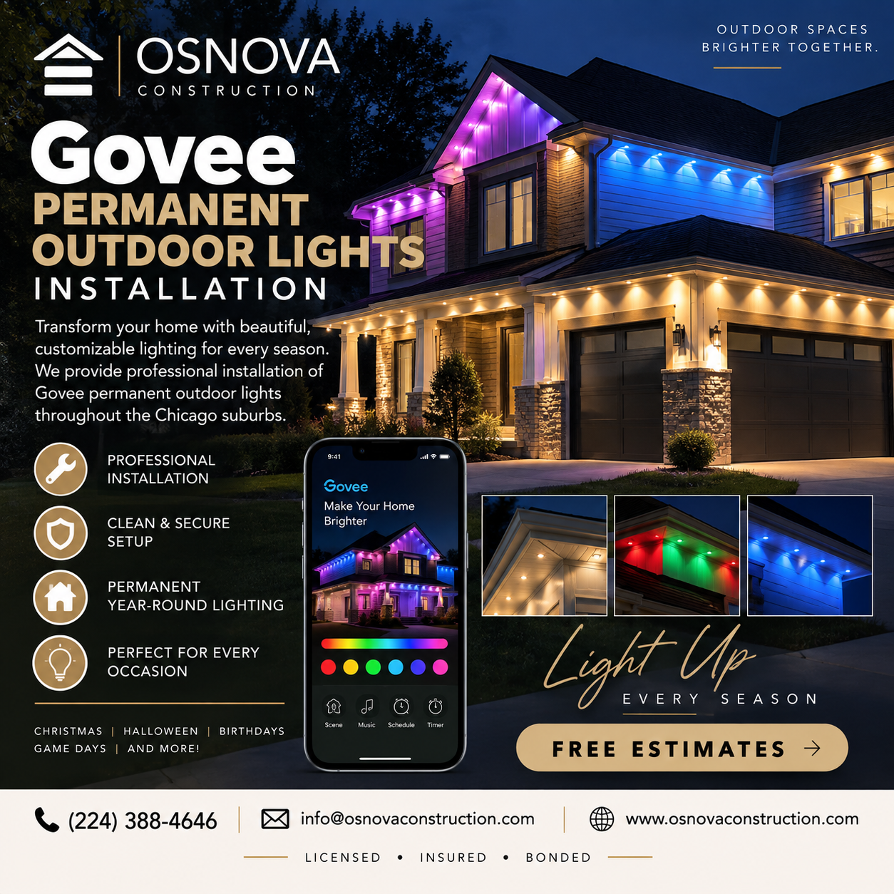 Govee permanent outdoor light installation on a home in South Elgin, Illinois