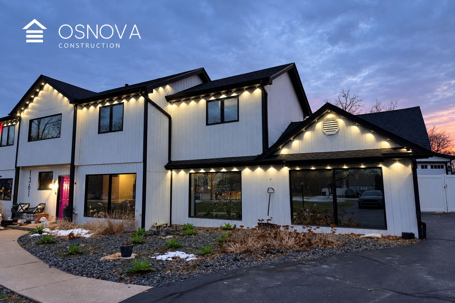 Permanent outdoor Christmas lights installed on a home by Osnova Construction