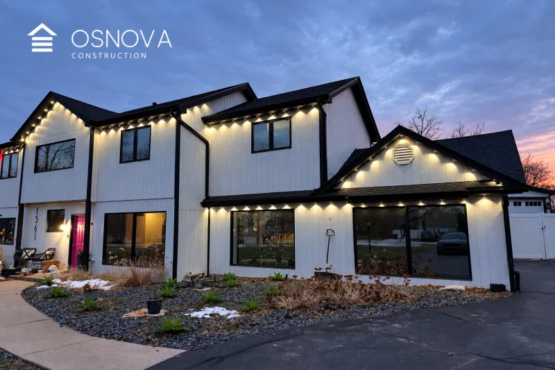 Permanent outdoor Christmas lights installed on a home by Osnova Construction