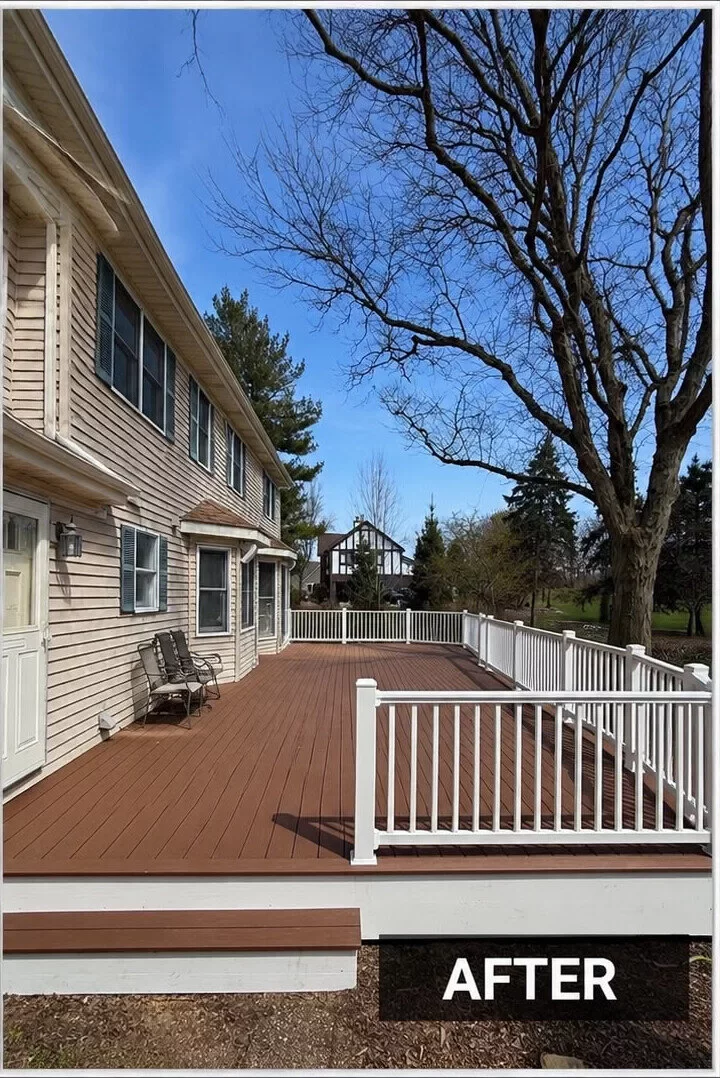 Resurfaced 1,000 sq ft deck with new brown decking and white perimeter railing at a West Chicago, IL home